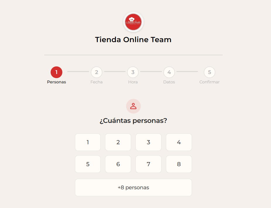 Portal de reservas: el cliente elige cantidad de personas, fecha y hora